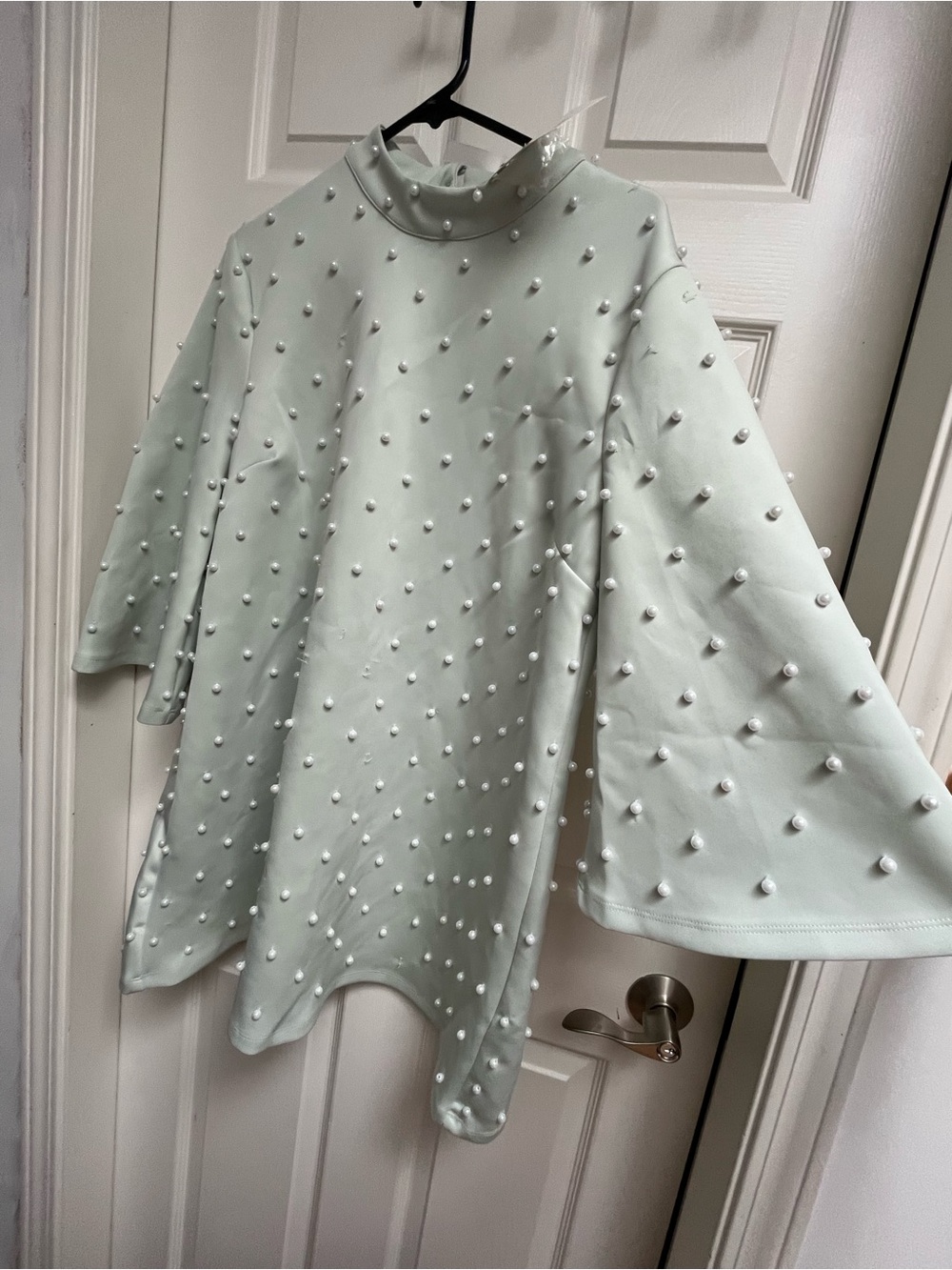 ASOS Mint Green Pearl-Embellished mini dress flare sleeves.